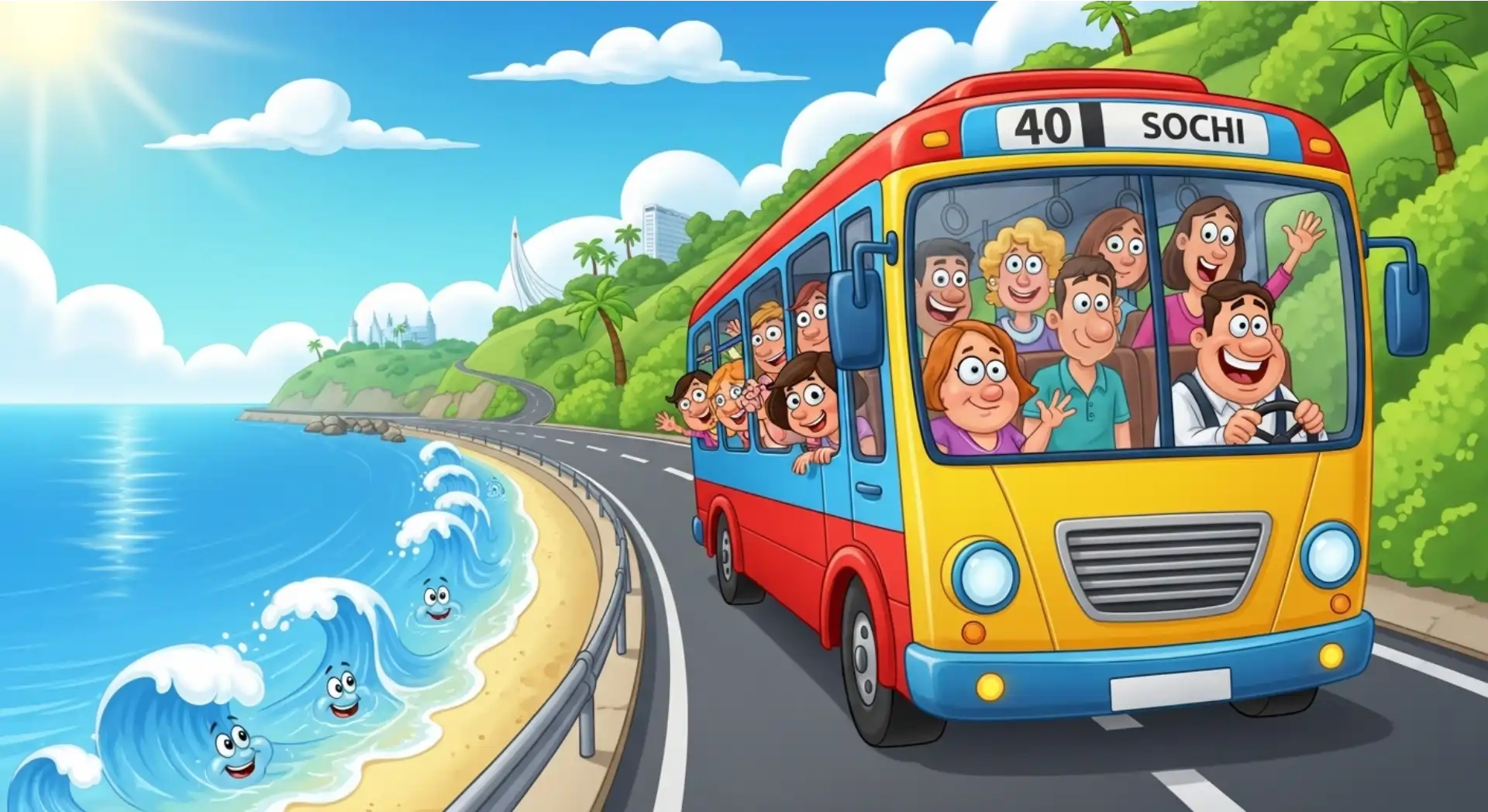 Экскурсионный автобус едет вдоль моря в Сочи