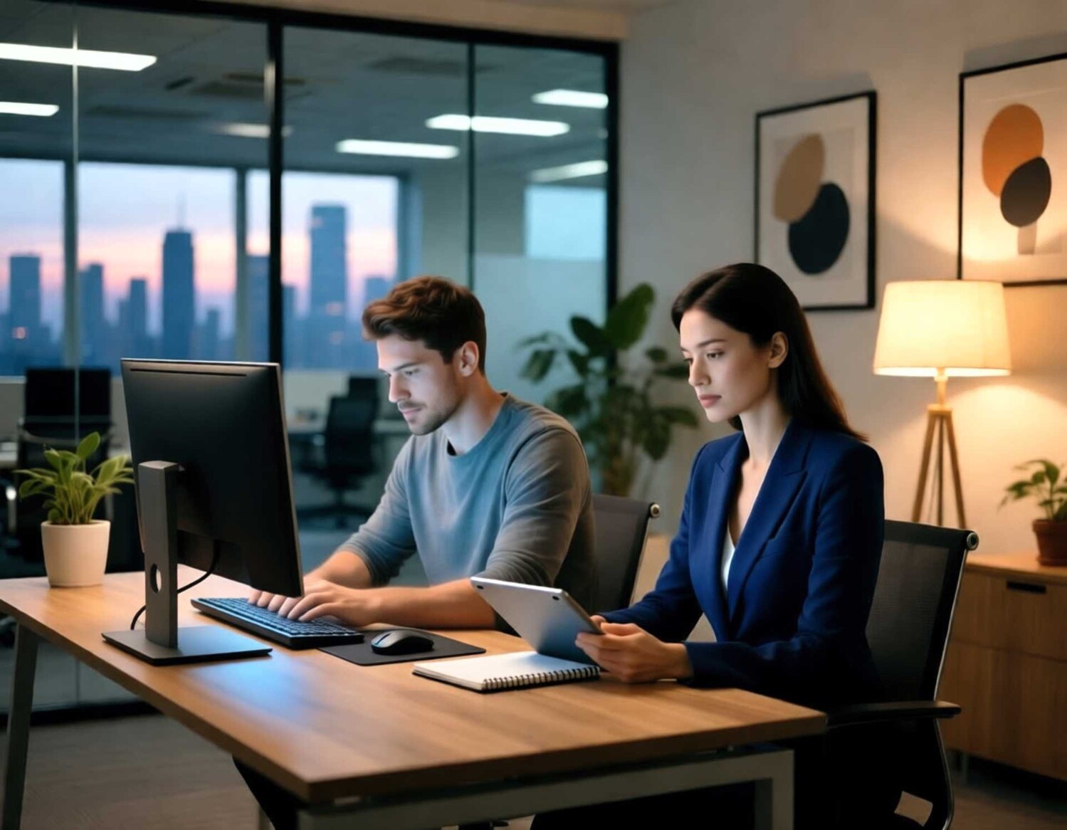 Веб мастер печатает на компьютере, рядом за столом сидит девушка