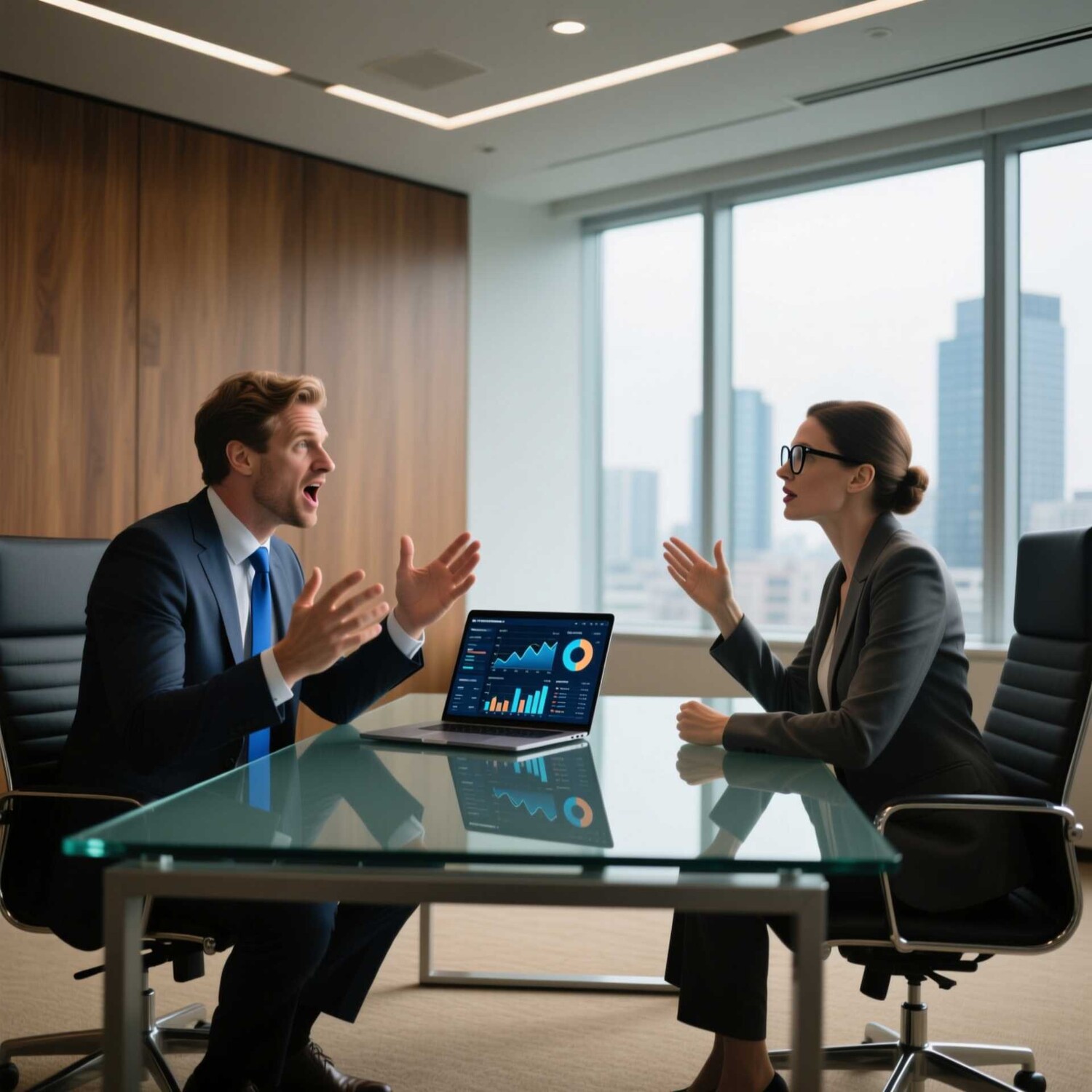 два европейских человека сидят в офисе напротив друг друга и о чём то