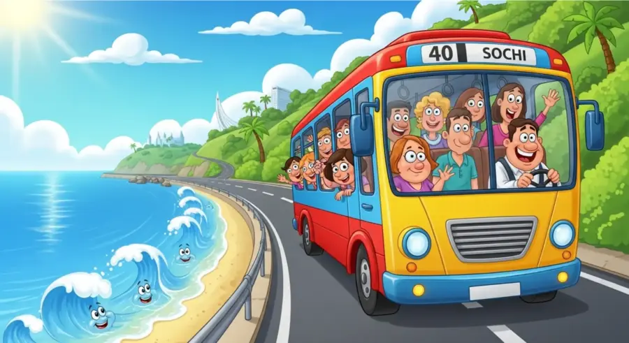 Экскурсионный автобус едет вдоль моря в Сочи